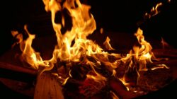 Tampilan dekat api unggun yang menyala dengan kayu bakar dan nyala api yang menari.