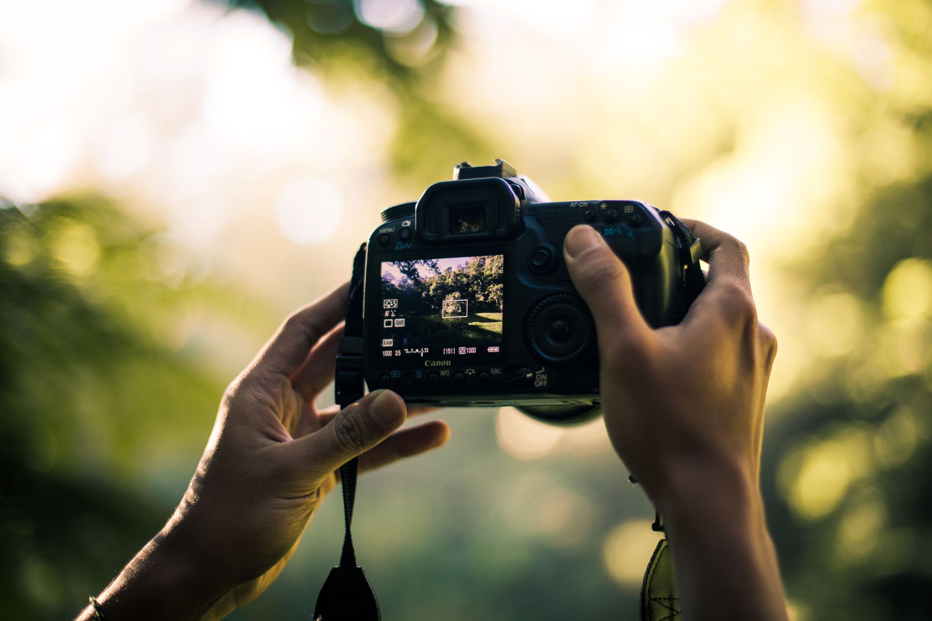 Close-up tangan yang memegang kamera DSLR menangkap pemandangan luar ruangan yang indah.